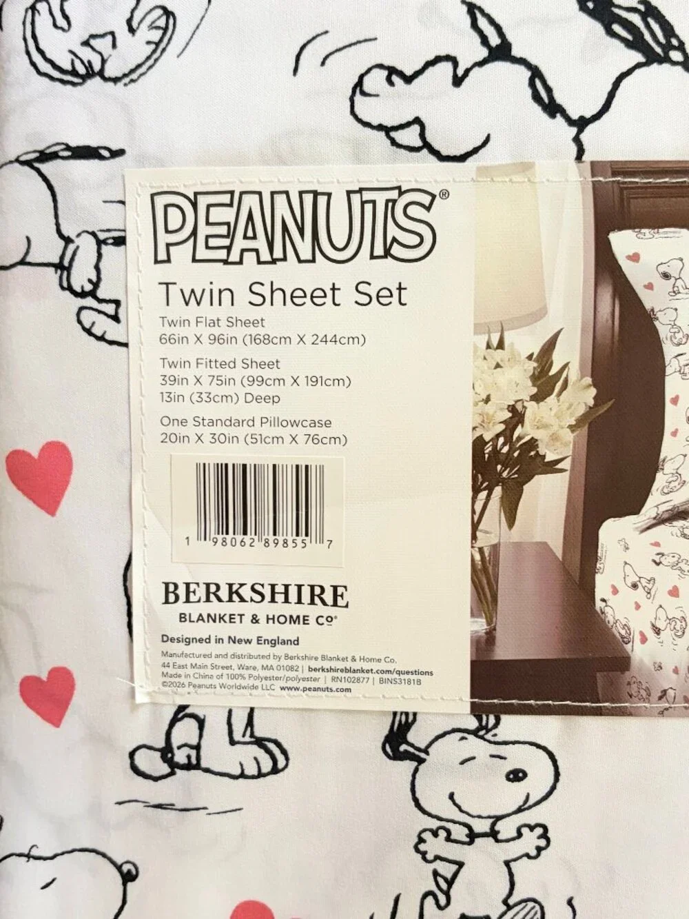 New Peanuts Snoopy Woodstock Red Hearts Active Snoopy TWIN Size Sheet Set